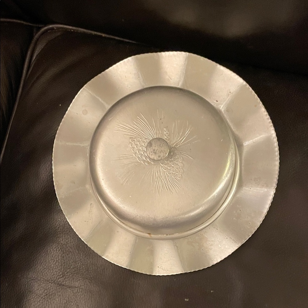 Vintage aluminum covered glass Butter Dish with pinecone design